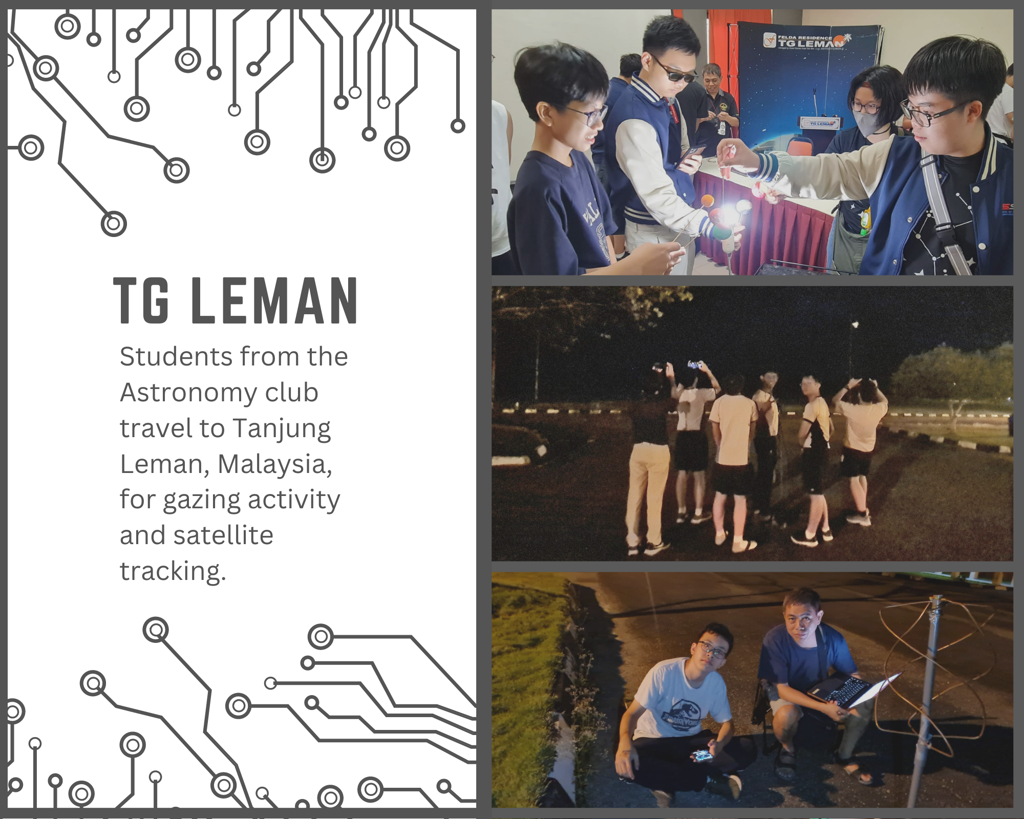 Astronomy club students at Tanjung Leman, Malaysia, doing stargazing, satellite tracking with antenna, and a science exhibit.